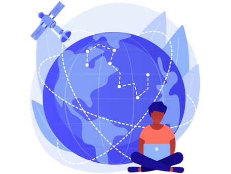 A lady seated with a laptop and in front of a globe, symbolizing  nationwide accessibility