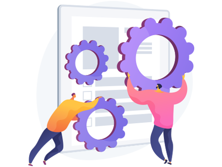 Two individuals holding gears symbolizing efficient process.