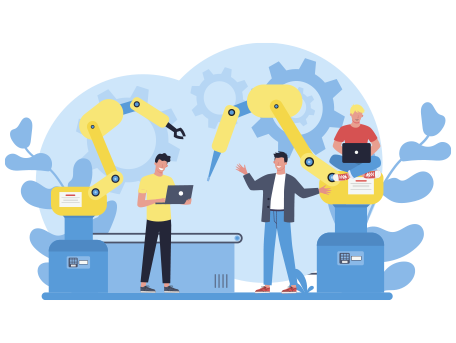 Two individuals collaborating on a laptop while a robot stands in front of them represents specialized industry knowledge.